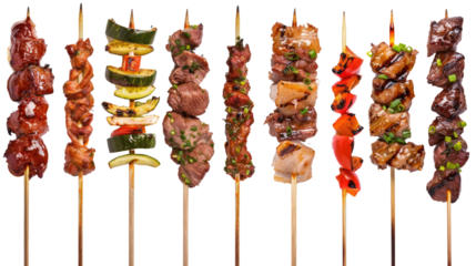 A colorful assortment of grilled skewers with meat and vegetables in isolated on transparent and white background