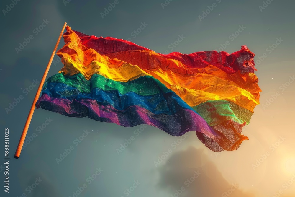 Poster waving rainbow flag against a cloudy sky symbolizing pride and resilience with vibrant colors and dy