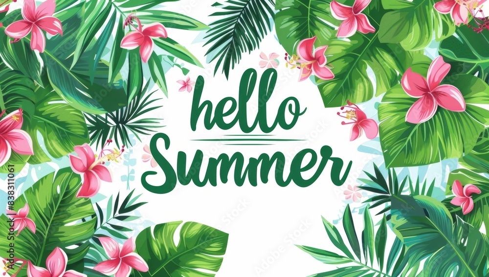 Aufkleber a vibrant summer background with tropical leaves and flowers, featuring the text 