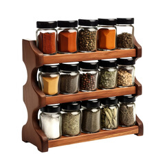 rustic wooden spice rack with labeled jars, organizing spices and seasonings while adding warmth to...