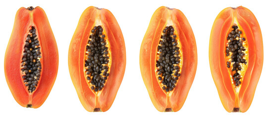 Four halves of ripe papaya fruit in isolated on transparent background