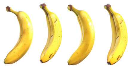 Four ripe yellow bananas arranged in a row in isolated on transparent and white background