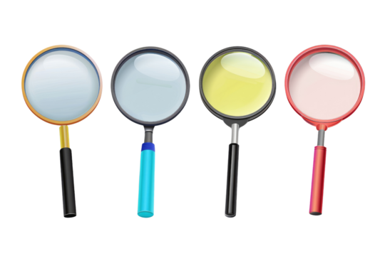 Four magnifying glasses with different colored handles and frames in isolated on transparent background - Powered by Adobe