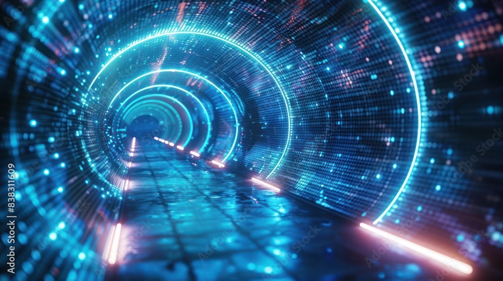 Poster futuristic neon tunnel with glowing lights and digital grid. perfect for sci-fi concepts and virtual