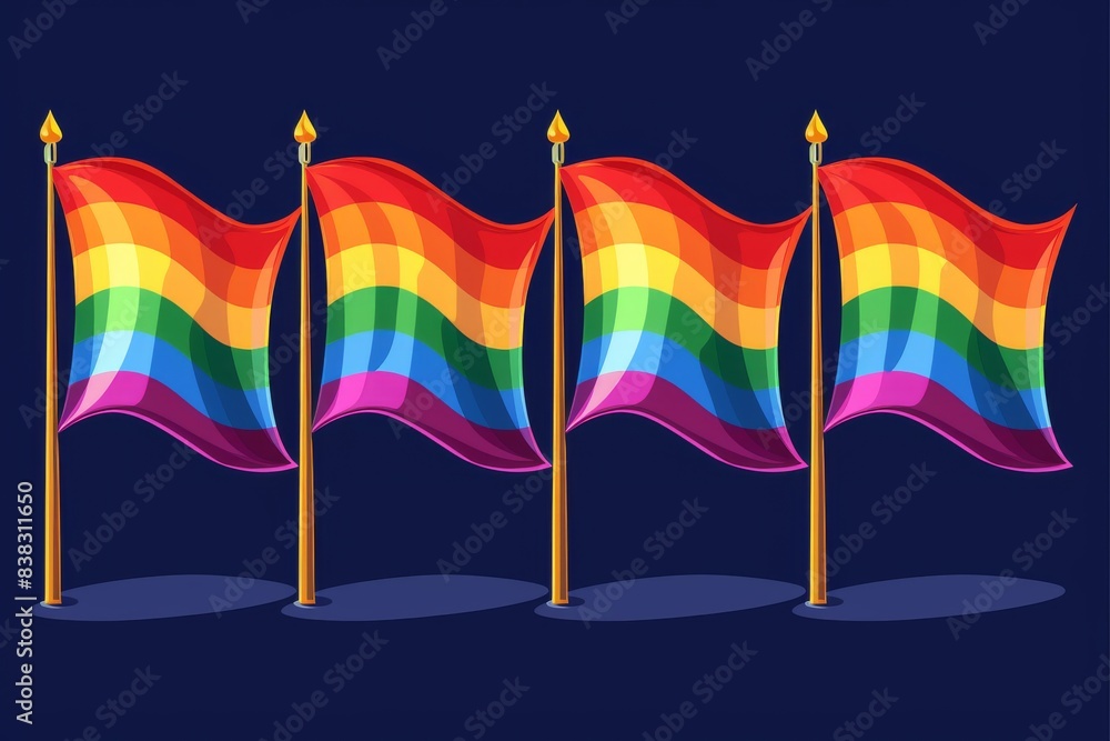 Poster row of rainbow flags waving against a dark blue background symbolizing pride and unity with vibrant 