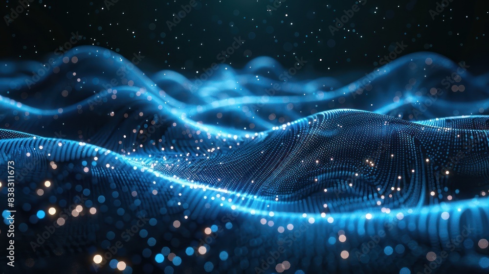 Poster abstract digital wave landscape with glowing particles, representing futuristic data flow and techno