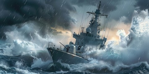 Fototapeta premium Battleship Braving Harsh Sea Conditions