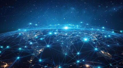 Obraz premium Global network connection depicting internet and data links across the world, highlighting technology and communication advancements.