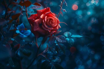 Red spectral rose on dark background, created using artificial intelligence.