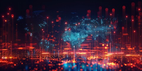 Obraz premium Abstract digital world map representation with glowing lines, dots, and futuristic data visualization elements in blue and red.