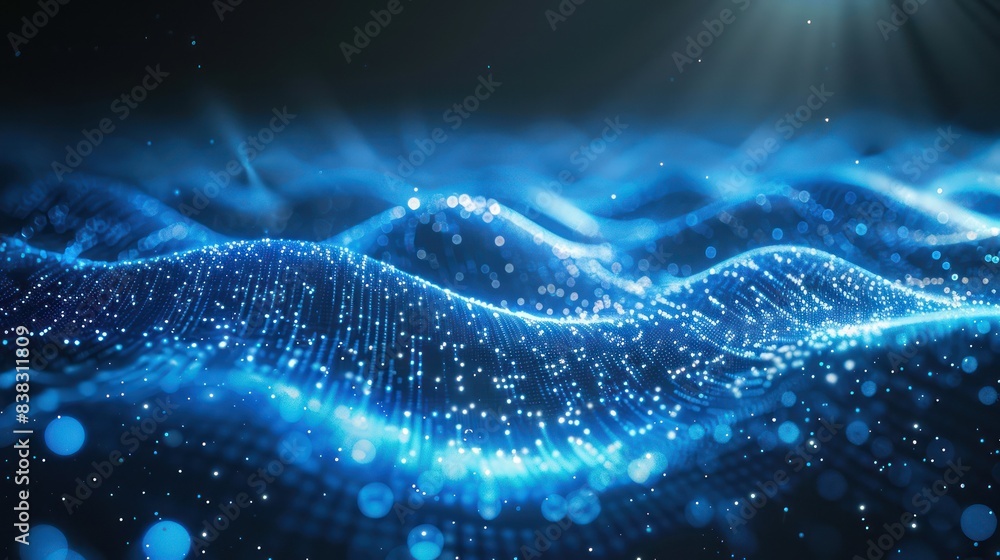 Poster abstract digital wave background with glowing blue particles and fluid motion, resembling futuristic