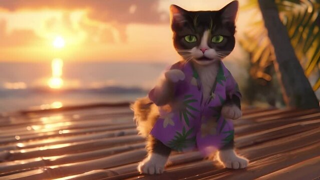 Cute cat in a Hawaiian shirt dancing on a wooden pier near the sea beach at sunset. Funny animals