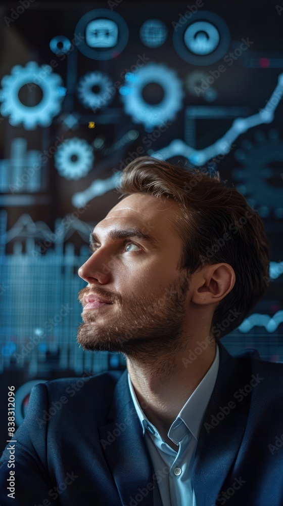 Poster professional man in a suit looking at data visualizations and graphs, symbolizing analytics, busines