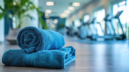 Rolled blue towels on gym floor with blurred background of exercise equipment, creating a clean and organized workout atmosphere.
