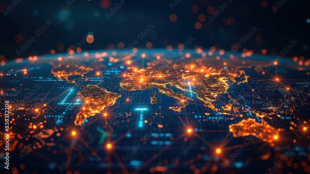 Poster global digital connections visually represented on a world map with bright glowing nodes and network