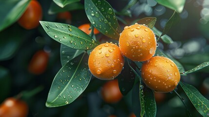 Close-up of orange citrus fruits on a branch, glossy green leaves with water droplets, photorealistic, futuristic, manipulation, botanical garden