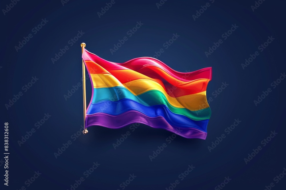 Poster waving rainbow flag illustration on a dark blue background symbolizing pride and unity with vibrant 