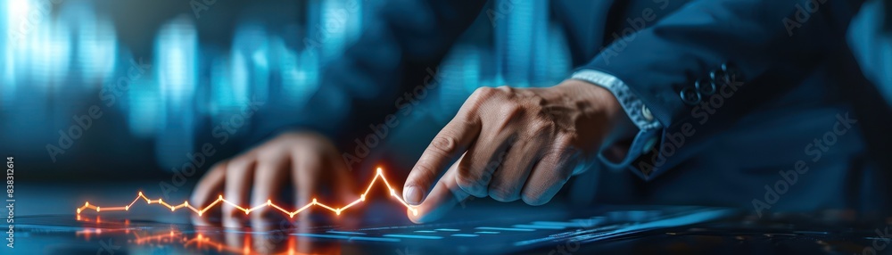 Poster businessman analyzing financial data on a digital screen with graph and chart. concept of stock mark