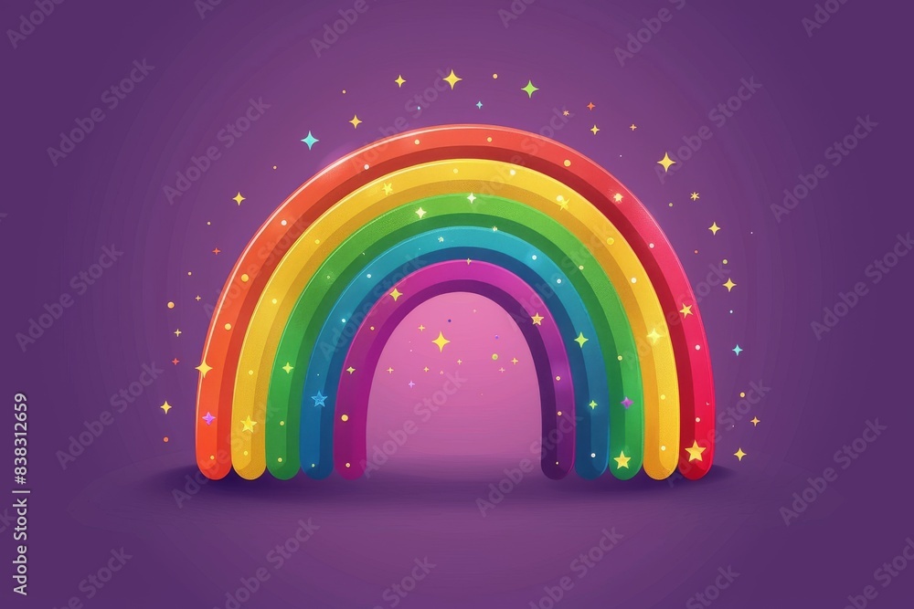 Poster cheerful rainbow arch with clouds on a purple background creating a whimsical and joyful scene with 