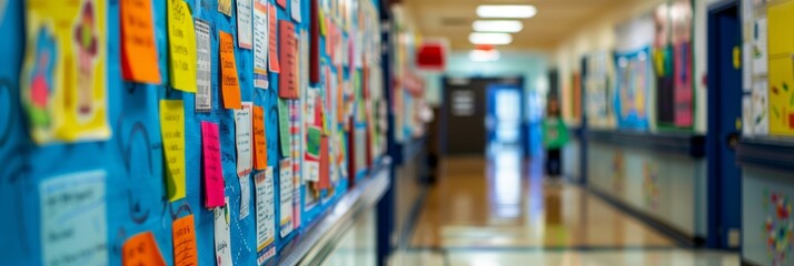 A close-up shot of a blue bulletin board in a school hallway covered with colorful papers and sticky notes. The hallway is out of focus in the background