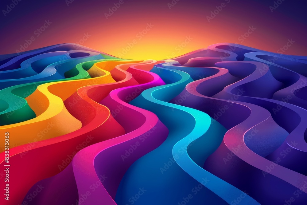Poster abstract 3d waves of rainbow colors flowing harmoniously creating a surreal and dynamic landscape in
