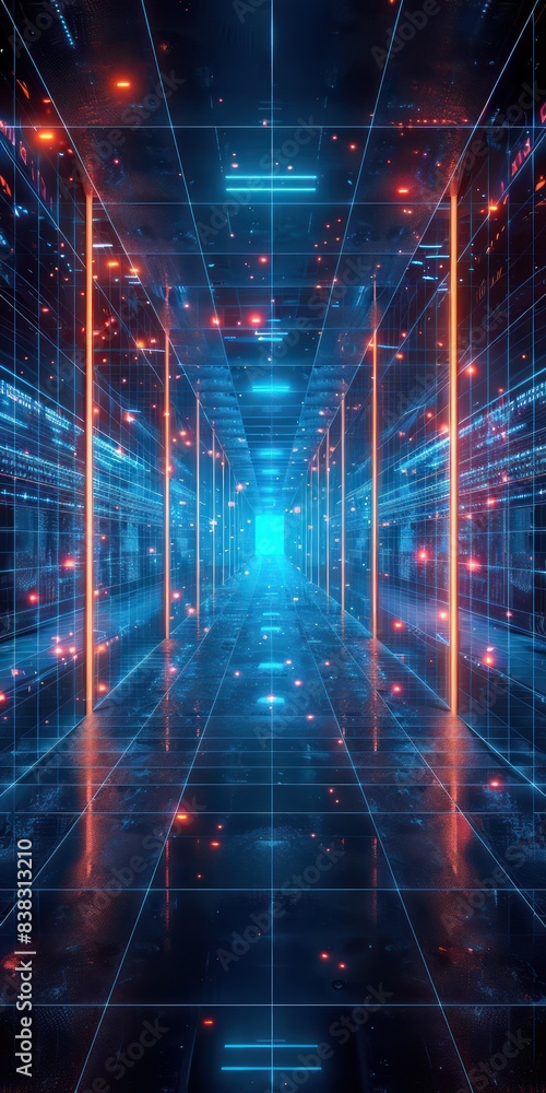 Poster futuristic glowing data center corridor with vibrant blue and red lights creating an advanced techno