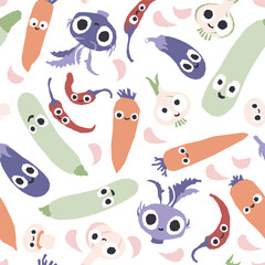 Vegetables seamless pattern. Vector cartoon childish background with cute smiling vege characters in simple hand-drawn style. Good for printing fabrics, packaging, clothes.