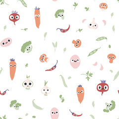 Vegetables seamless pattern. Vector cartoon childish background with cute smiling vege characters in simple hand-drawn style. Good for printing fabrics, packaging, clothes.