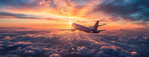 A plane is flying through a cloudy sky with a beautiful sunset in the background