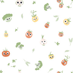 Cute vegetables seamless pattern. Vector cartoon childich background with smiling vege characters in simple hand-drawn style. Pastel colors tomatoes, broccoli, onion, green leaves on white background