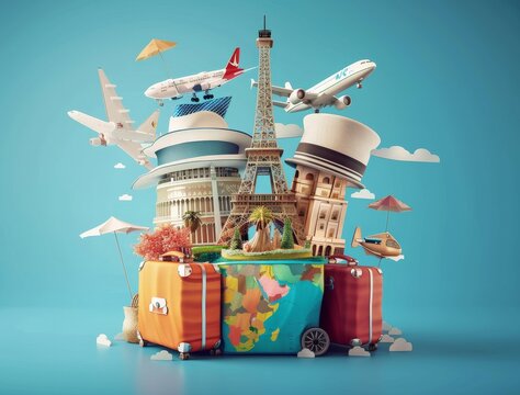 A colorful image of a suitcase with a map of the world on it - Powered by Adobe