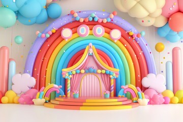 A fantasy 3d rainbow carnival design on white background, generated by artificial intelligence.