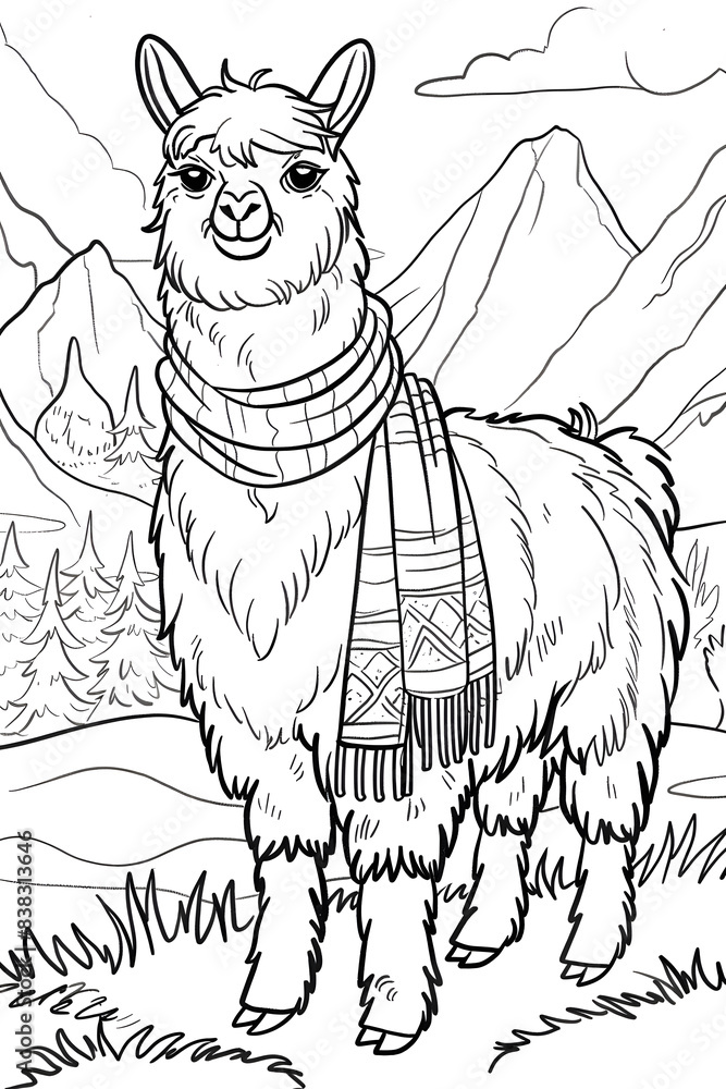 Wall mural Cartoon llama with expressive face wearing scarf in black and white drawing - Wall murals
