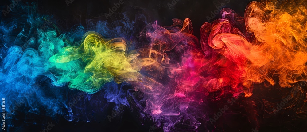 Wall mural Fire and Smoke Rainbow smoke, negative space, isolated on black background, advertising photoshoot, pride month LGBTQIA theme