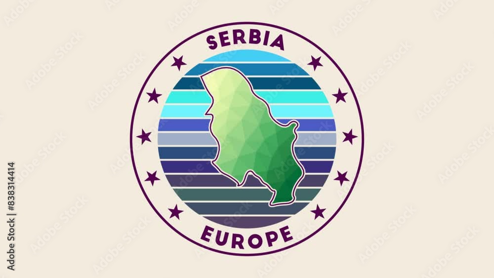 Poster serbia intro video. badge with the circular name and map of the country in low poly tech geometric s