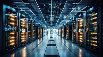 Data center with rows of servers and high-tech equipment  