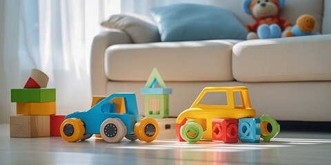  cutout setcolorful classic toddler or baby toys of car wheels, and geometric cubes, photography at floor level in the living room of a house