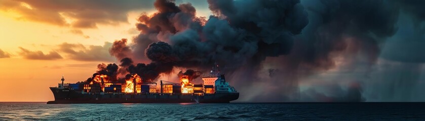 a telephoto view from the back of burning Cargo ship
