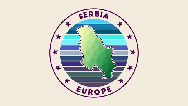 Serbia intro video. Badge with the circular name and map of the country in low poly tech geometric style. Neat country round logo animation.