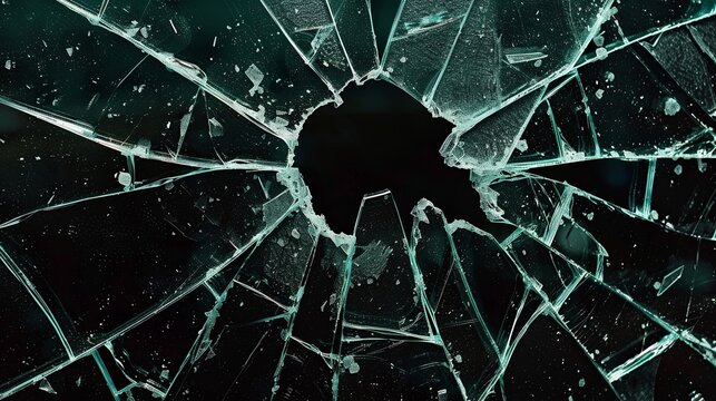 Broken glass on a dark background. After the impact, the glass surface has cracks diverging from the point of impact or bullet hit. The concept of destruction, vulnerability and fragility of existence