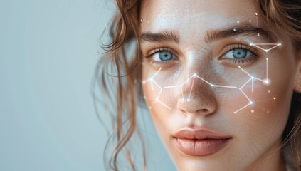 A beautiful woman is shown with an AI face scan system overlayed on her face, showing lines and dots connected to form facial muscle shapes.