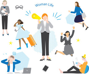 Woman avatar set - woman's life - full body - stylish icon set simple vector material