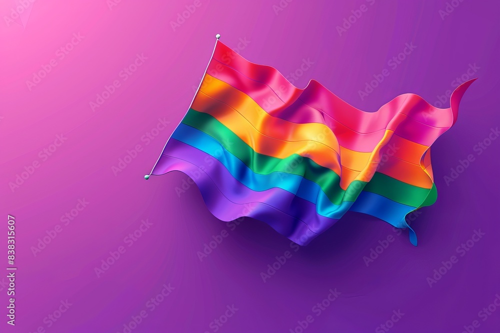 Poster realistic 3d rainbow flag waving against a purple background symbolizing pride unity and diversity i