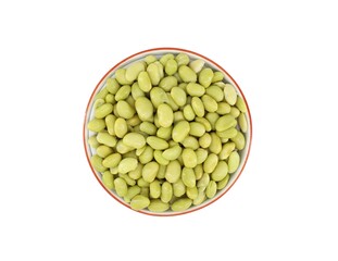 Steamed Edamame soy beans shelled in a cermic bowl. White background.