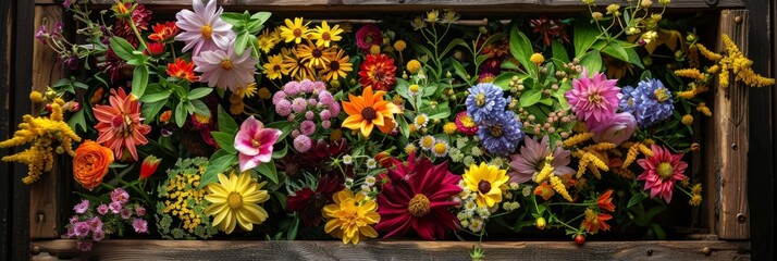 An overhead view of a rustic wooden crate overflowing with colorful wildflowers, showcasing a beautiful and diverse collection of blooms