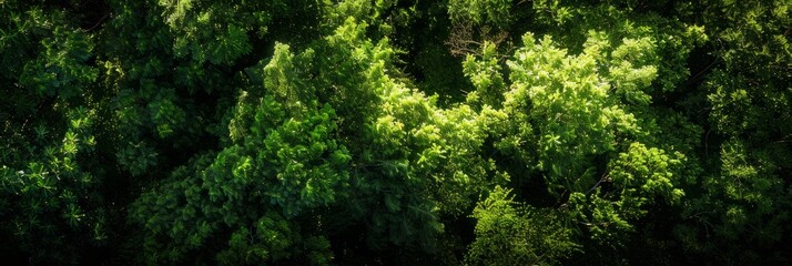 An overhead photo of a peaceful forest clearing, showcasing a dense canopy of trees with dappled sunlight filtering through the leaves