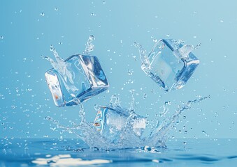 Colliding Ice Cubes, Blue Background Ice Collision A Burst of Energy Frozen in Time.