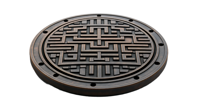 image of a manhole cover, isolated on a white background.