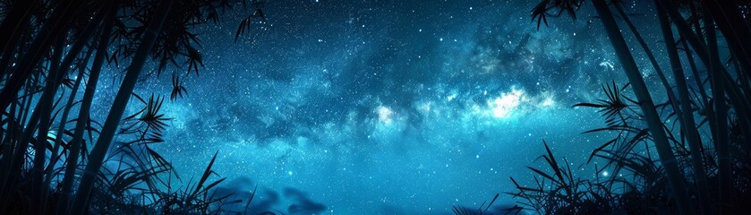 Fototapeta premium Celestial Canopy, A Starry Night Through the Silhouettes of Bamboo