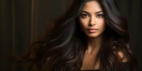 Fototapeta premium Closeup portrait of a young Asian Indian woman with flowing hair. Concept Portrait Photography, Young Asian Woman, Flowing Hair, Close-up Shot